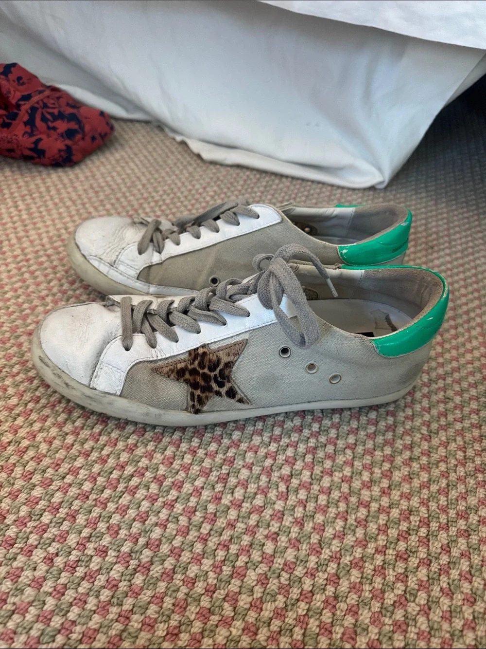 Women’s Low-Top Golden Goose Sneakers with Leopard Star and Green Heel